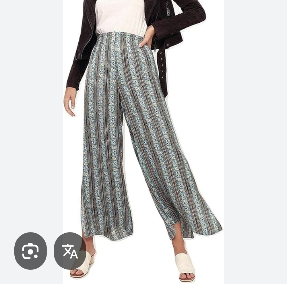 Free People Striped Floral Wide Leg Pants in Teal and Brown